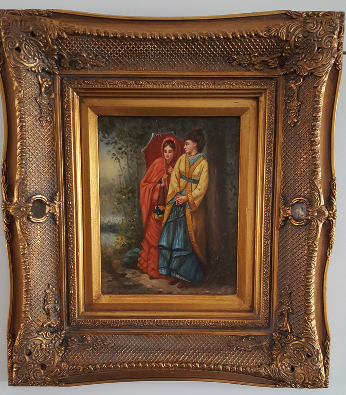 Dames op bospaadje, olieverf op paneel, niet gesigneerd. kopen? Bied vanaf 1!