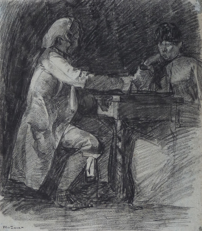 Willem de Zwart, Krijtekening, 2 Klassiek geklede figuren aan tafel kopen? Bied vanaf 265!