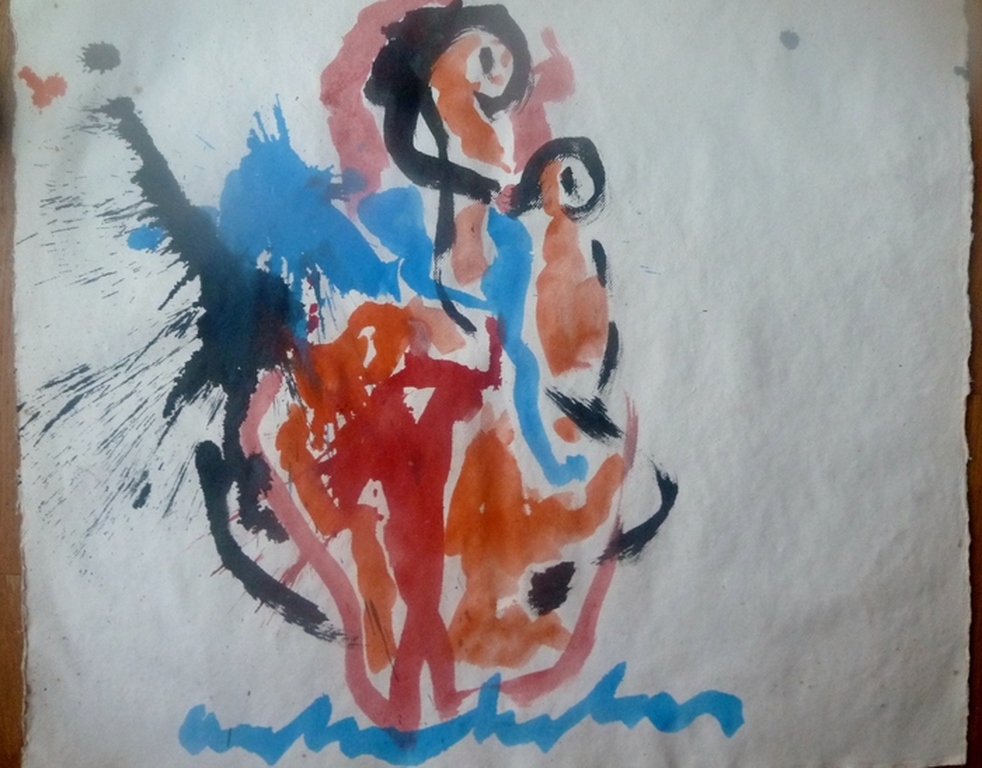 Anton Heyboer, Moeder met kind, groot schilderij op handgeschept papier  verkocht voor € 345!