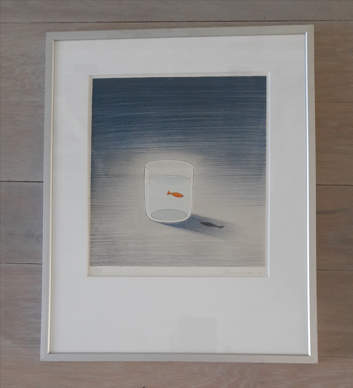 Jeroen Henneman , grafiek/ papier Vis in glas verkocht voor € 135!