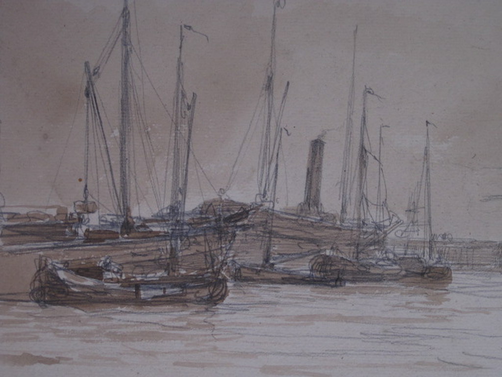 19e eeuwse Aquarel/Houtskool "haven Amsterdam" van George L Kiers (1838-1916) verkocht voor € 40!