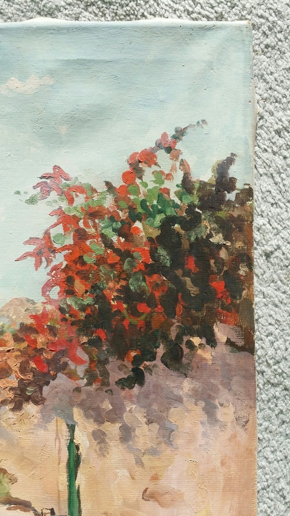 Onbekende kunstenaar. Olieverf op doek. Dorpsgezicht met figuur.  kopen? Bied vanaf 7!