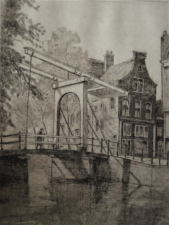 Fraaie 1950 gesigneerde Ets "Amsterdam brug bij Staalstraat en Groenburgwal"  kopen? Bied vanaf 1!