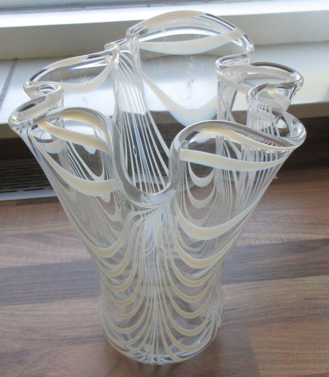 Ongespecificeerd - Murano - blank glazen en witte gekrulde zakdoek vaas kopen? Bied vanaf 15!