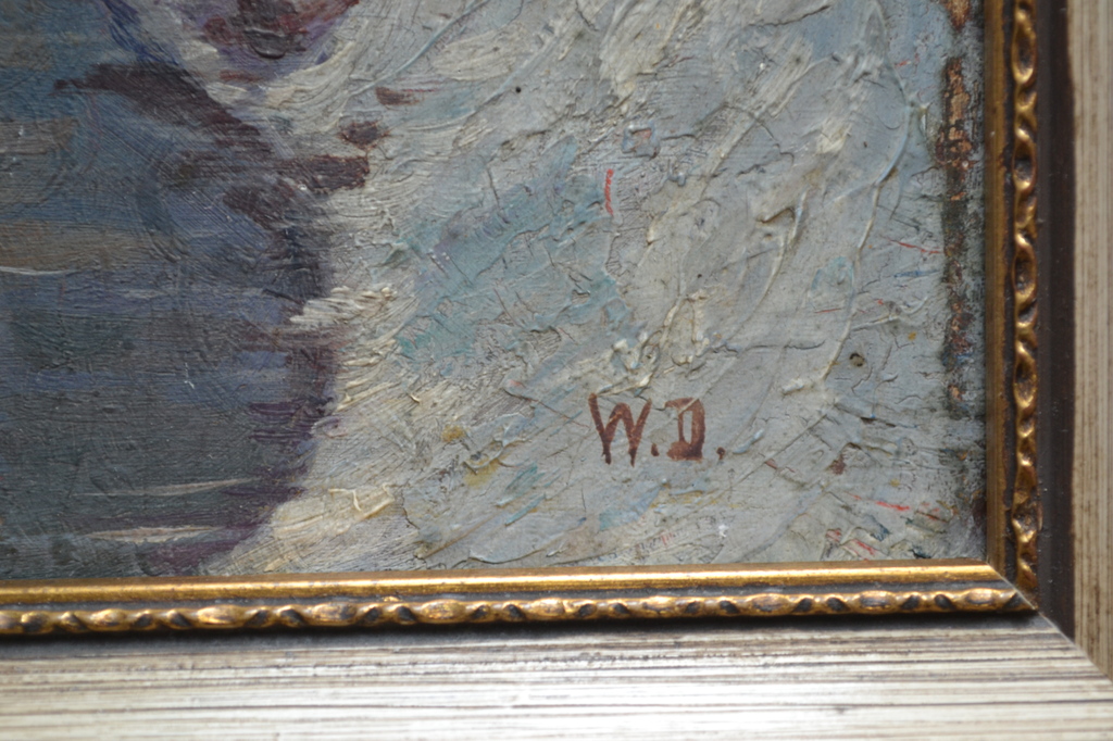 Onbekend (monogram W.D.): olieverf op paneel, winters landschap kopen? Bied vanaf 20!