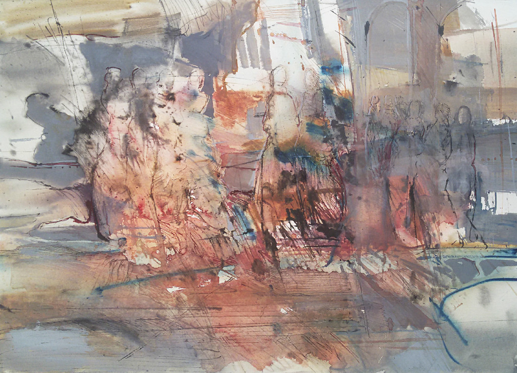 Personages in architectonisch landschap, gemengde techniek (prachtig ingelijst) verkocht voor € 125!