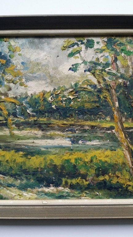 Onbekend, Olieverf op hout, Bosgezicht met ven kopen? Bied vanaf 5!