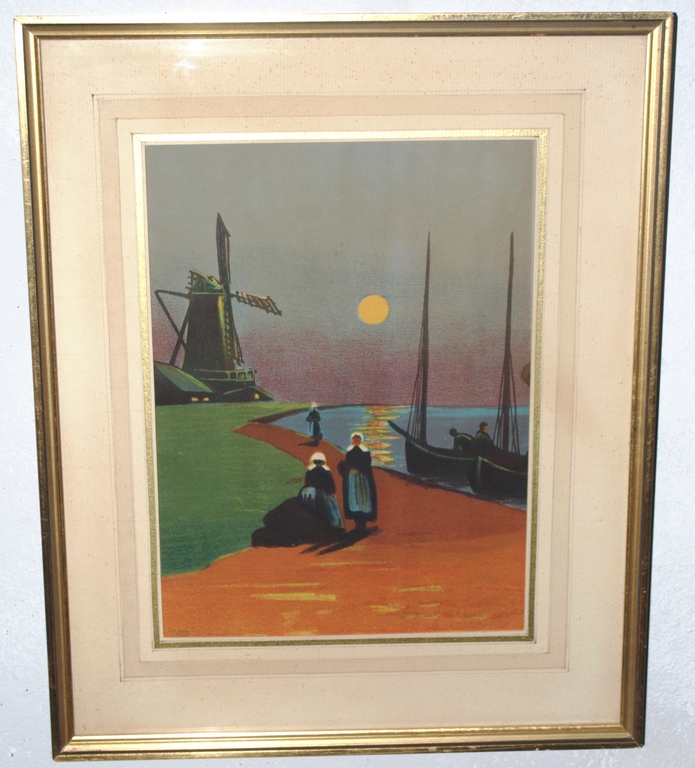 Litho jaren 20 - Avond aan het water met molen, vrouwen in klederdracht.  kopen? Bied vanaf 25!