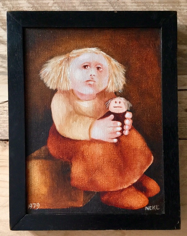 Naïeve schildering: Olieverf op Linnen, Meisje met Pop kopen? Bied vanaf 45!