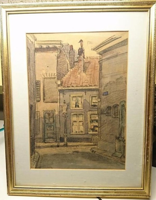 Onbekende Kunstenaar - Aquarel/Houtskool op board - Straattafereel zonder titel. kopen? Bied vanaf 1!