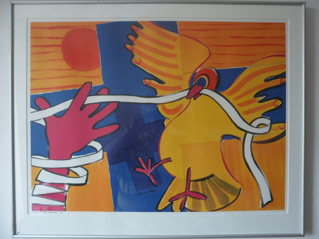 Niet of onleesbaar gesigneerd - Onbekende wel gesigneerd. Zeefdruk, Vogel met lint kopen? Bied vanaf 20!