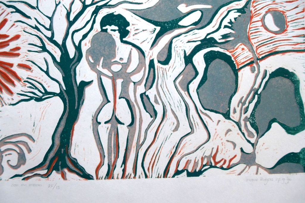 Marie Rutgers, linodruk/houtdruk: Zon en Maan, 1990, handgesigneerd en genummerd kopen? Bied vanaf 50!