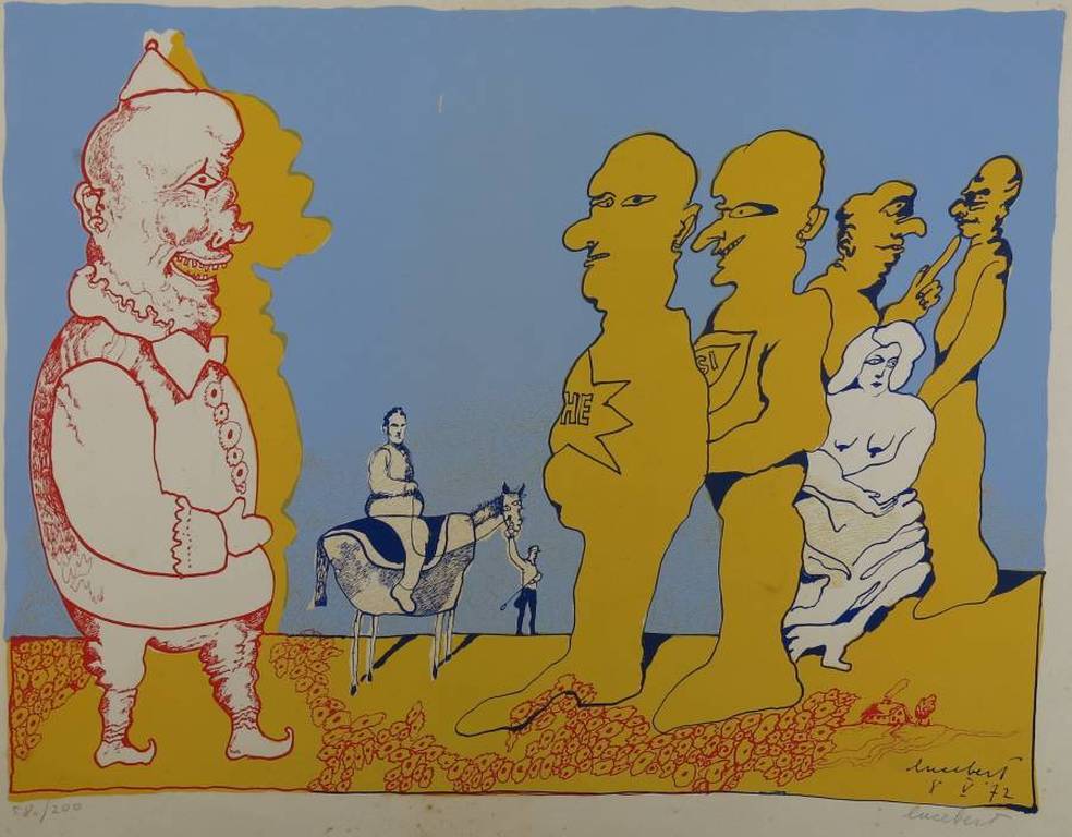 Lucebert: Zeefdruk, Figuren in een landschap verkocht voor € 101!