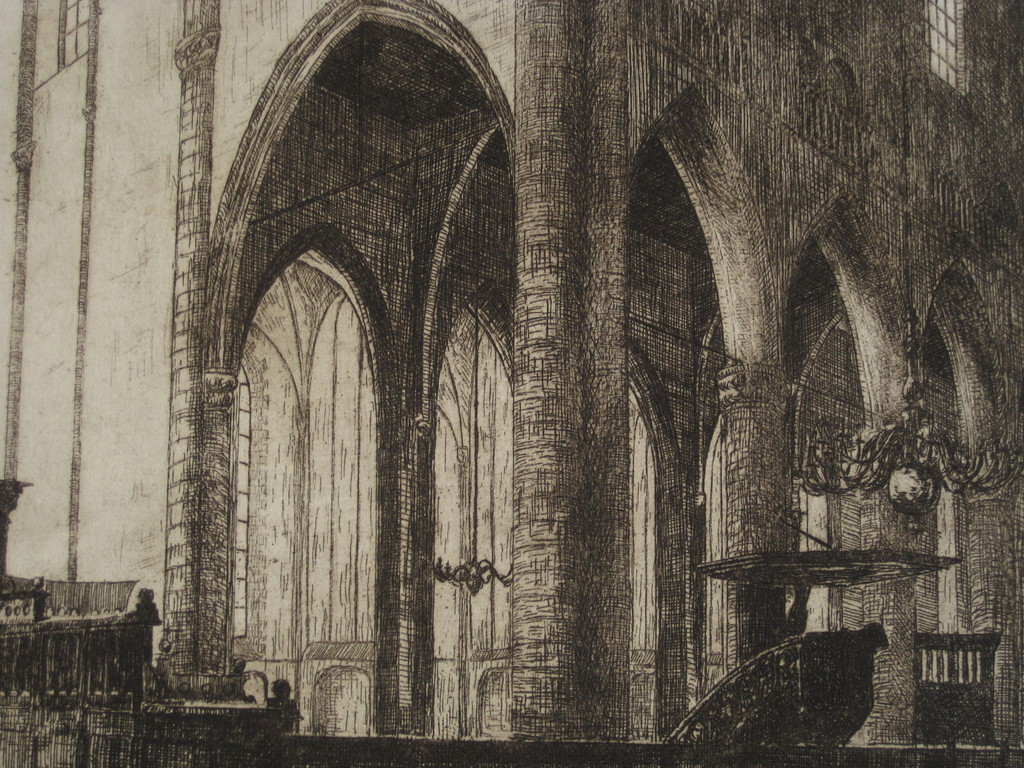 Grote ets "interieur st. Laurenskerk Nijmegen" gesigneerd C vd Woerd 1901-1994 kopen? Bied vanaf 1!