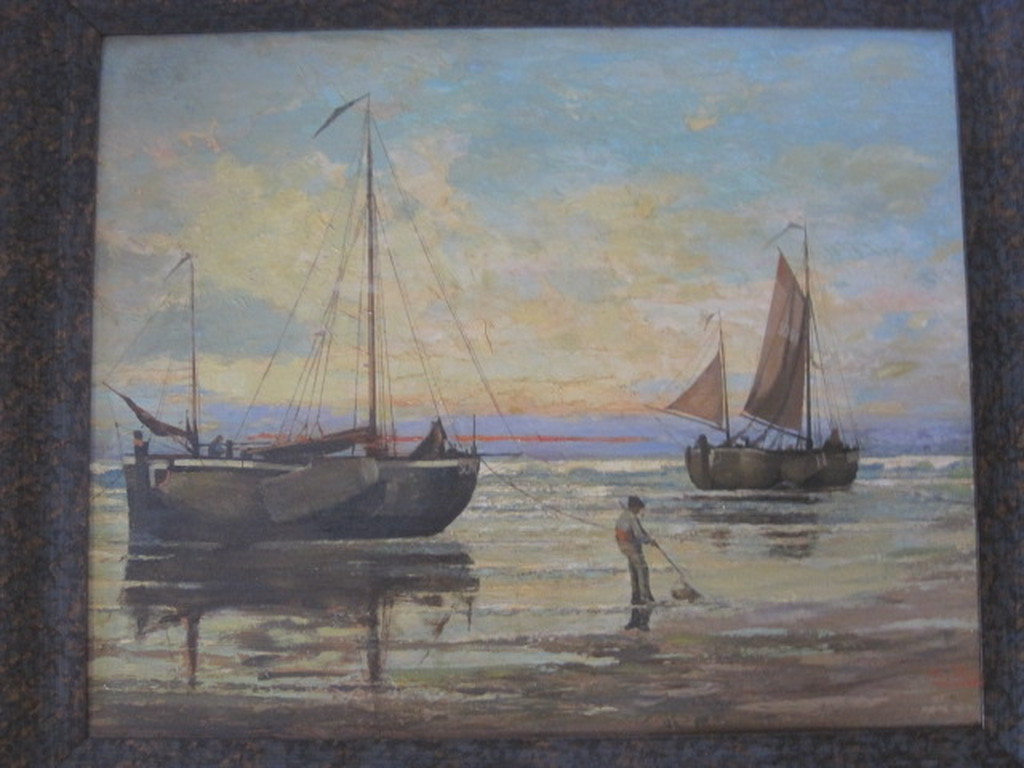 K.C. v Tilburg 1885-1961 "Botters Scheveningen bij zonsondergang" olieverf 1930 kopen? Bied vanaf 1!