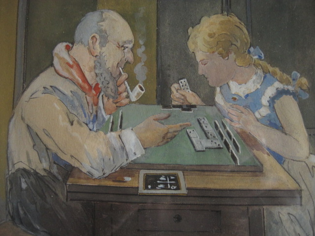 Leuk Hollands aquarel "Pa en dochter spelen TricTrac" door Jan de Quack 1934 kopen? Bied vanaf 1!