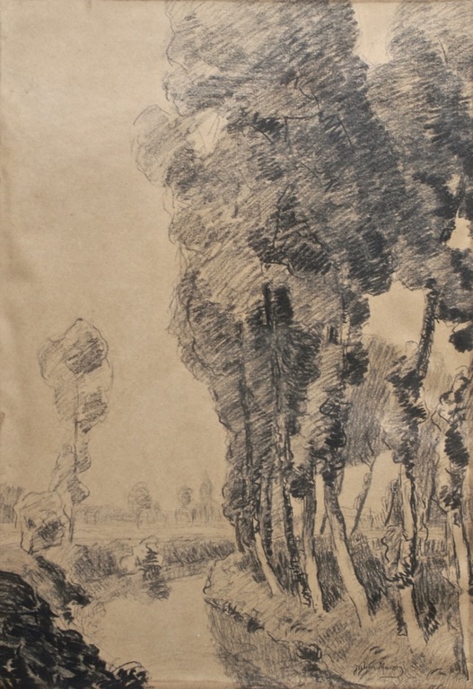 Julien Masson ( 1891 - 1957 ) Houtskool op Papier "Rivier in Weidelandschap". kopen? Bied vanaf 1!