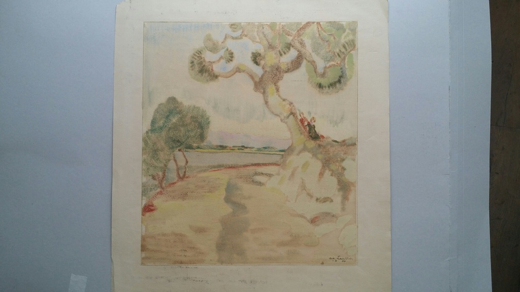 Albert Lamblot, Tekening, Landschap met figuren. kopen? Bied vanaf 8!