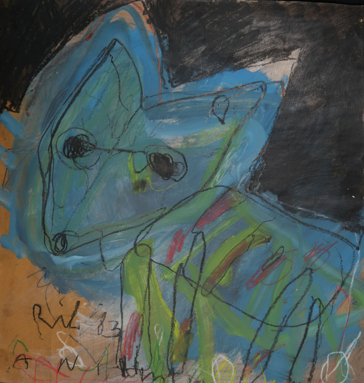 Rik van Iersel: Acryl en Krijt, Z.T. Hondje verkocht voor € 160!