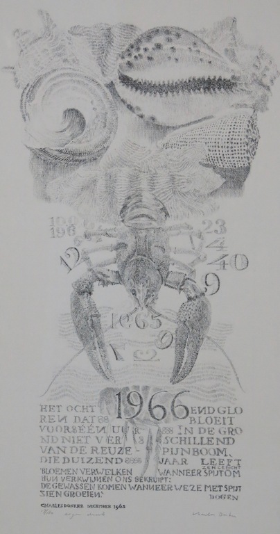Charles Donker: Litho, Compositie met tekst en kreeft / nieuwjaarswens voor 1966 kopen? Bied vanaf 25!