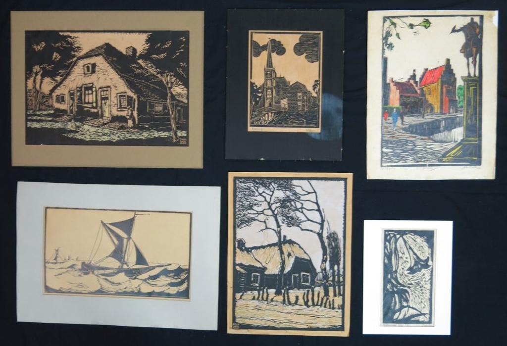 Paul van Dam (2x) + Onbekend gesigneerd (4x): Houtsnede, Boerderij  kopen? Bied vanaf 1!