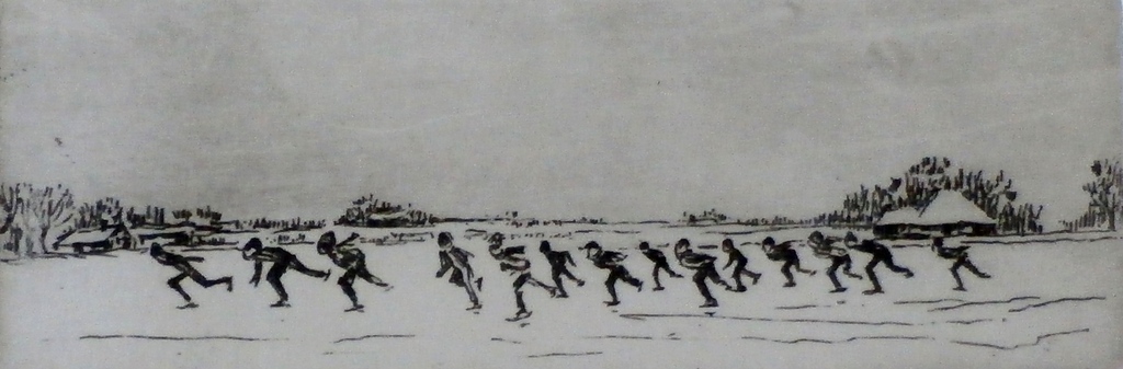 Ab M. - Ets op nieuwjaarskaart: schaatsers - 1989 kopen? Bied vanaf 1!