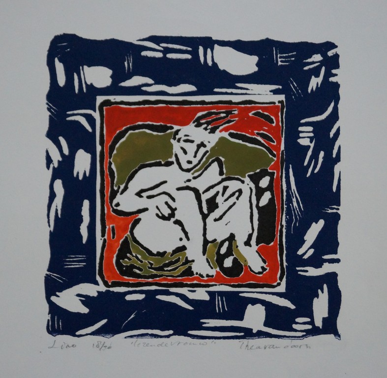 Thea van Doorn - gesigneerde linosnede - lezende vrouw  kopen? Bied vanaf 15!