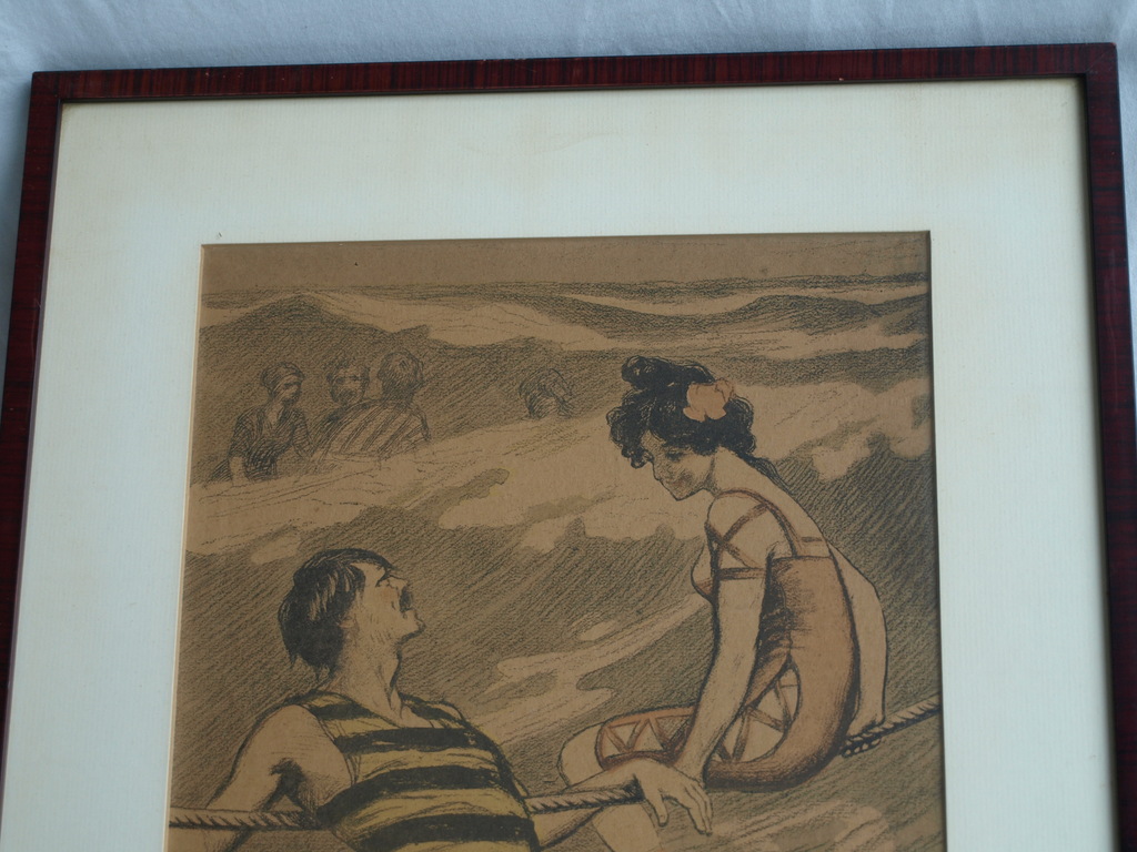 Onbekend : Prent , Flirten in Zee – ingelijst – oud kopen? Bied vanaf 1!