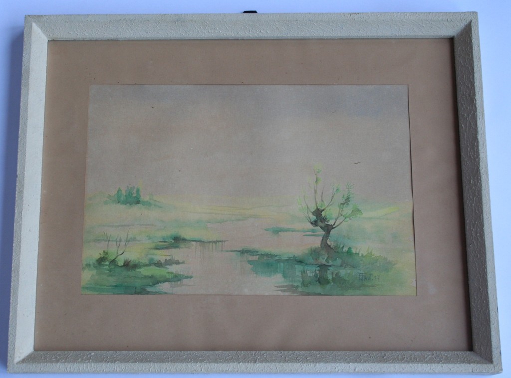 Onbekende kunstenaar - aquarel op papier - landschap met water - ingelijst kopen? Bied vanaf 1!