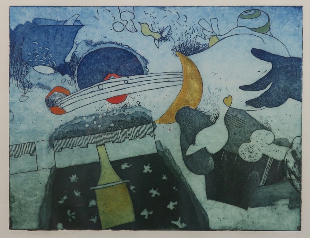 Michel van Overbeeke: Ets met bladgoud, Music landscape II - Ingelijst kopen? Bied vanaf 60!