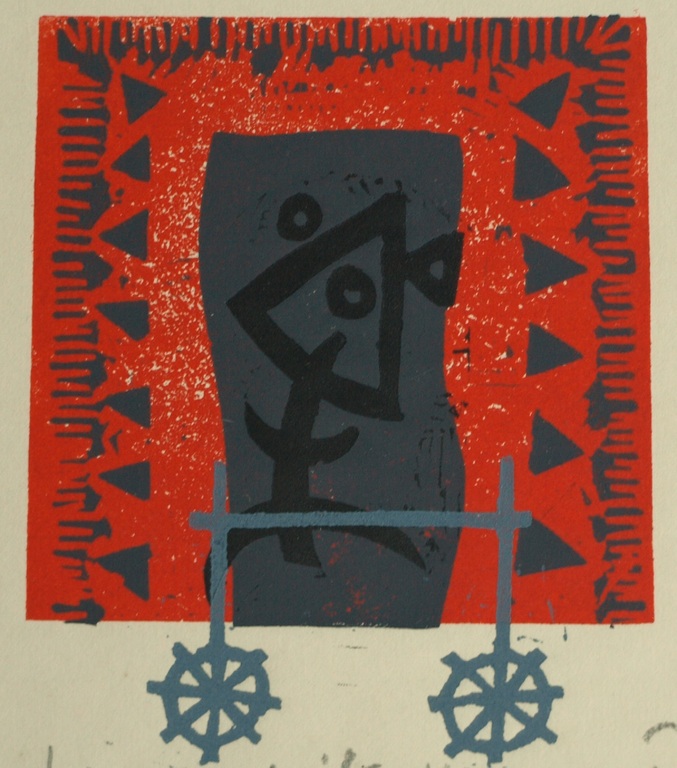 Onbekend : Linosnede , Zonder titel – gesigneerd & ingelijst – 1965 kopen? Bied vanaf 1!