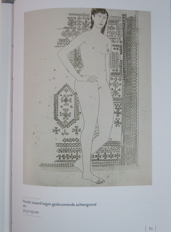 Theo Beerendonk: Ets, Naakt staand tegen gedecoreerde achtergrond, incl. boek kopen? Bied vanaf 100!