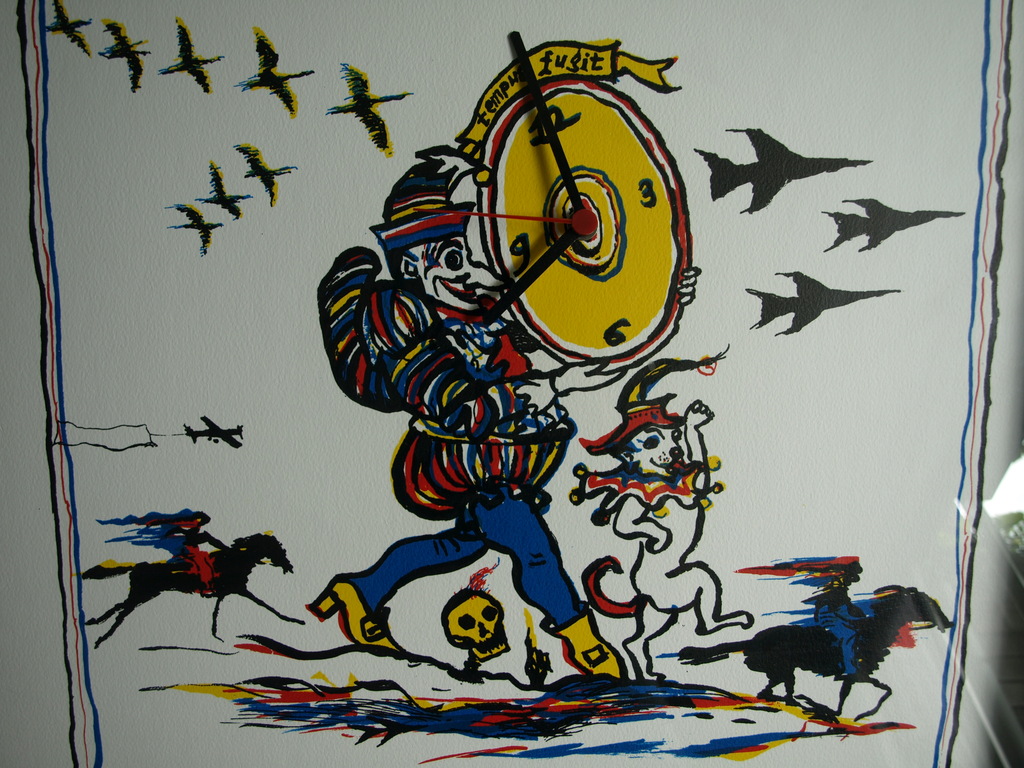 Aat Veldhoen: Zeefdruk + Klok, ingelijst - Tempus Fugit verkocht voor € 50!