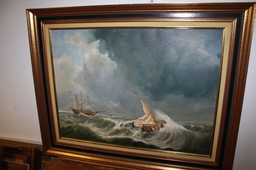 RH OLDEMAN  - ZEEGEZICHT MET VISSERSBOTEN in storm verkocht voor € 175!