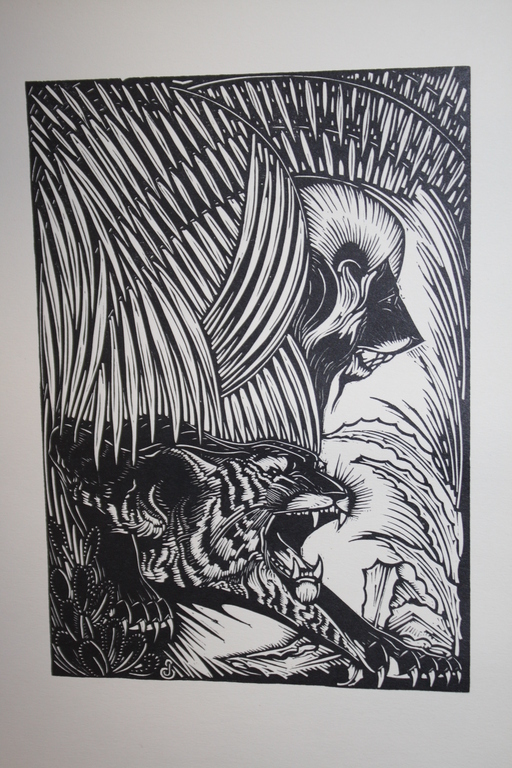 JAN SCHONK - ART DECO HOUTSNEDE 1926 - DE TIJGER EN DE LEEUW verkocht voor € 39!