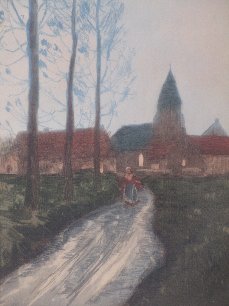 Louis-Etienne Dauphin - Louis-Etienne Dauphin, Hoeve en kerk bij avond, Kleurets kopen? Bied vanaf 40!