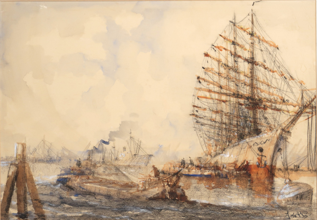 Onbekende kunstenaar: Krijttekening, Haven schip - Ingelijst kopen? Bied vanaf 1!