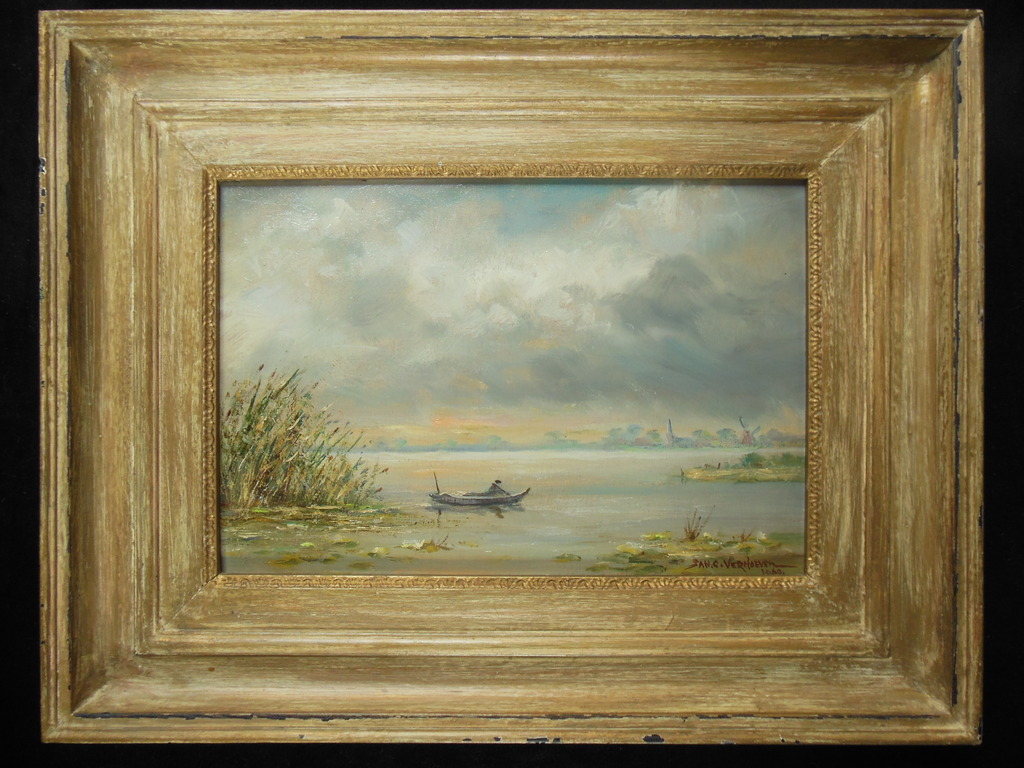 Jan Verhoeven (1919-1997), olieverf, Vinkeveense Plas verkocht voor € 150!