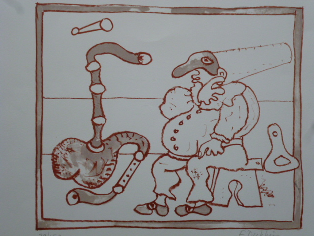 E. Dukkers - litho - Clownsfiguur met doedelzak verkocht voor € 35!