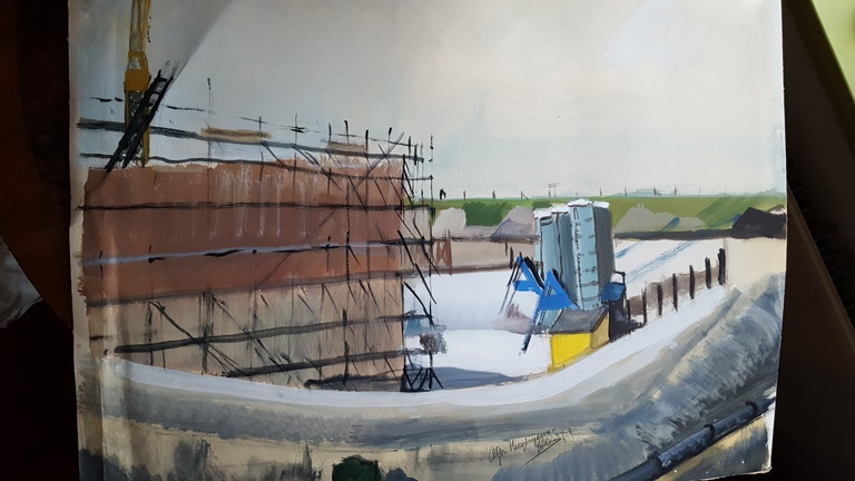 A. Huijsmans-evers: Aquarel, bouw van Coentunnel. kopen? Bied vanaf 1!