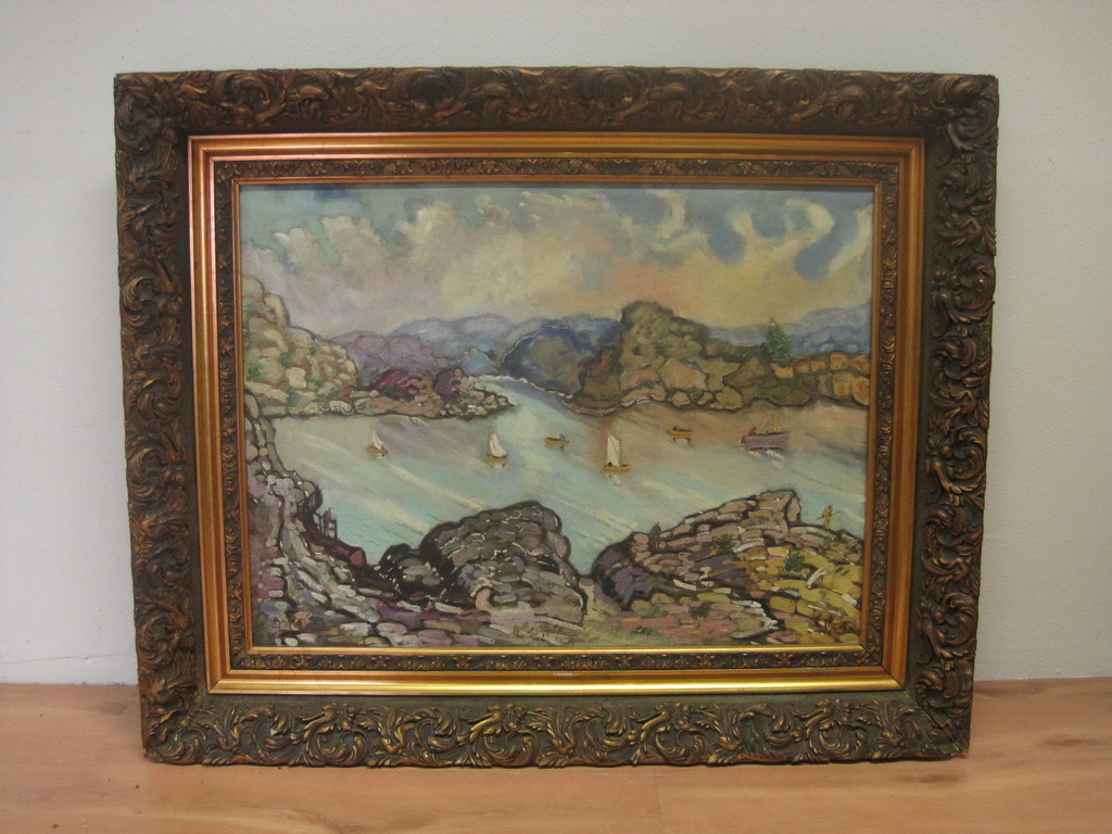 Tijmen Moll 1890-1975 postimpressionisme ca. 1930 "boten in baai" GROOT !! verkocht voor € 224!