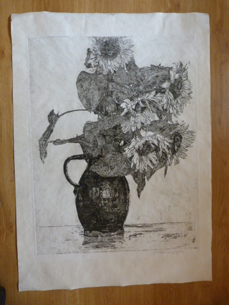 Anton Derkzen van Angeren - ets - zonnebloemen in kan. kopen? Bied vanaf 45!