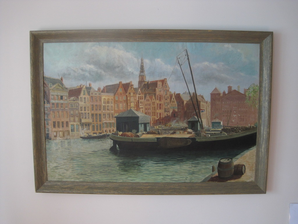 groot olieverf/doek stadsgezicht Amsterdam zonnig Damrak monogram  kopen? Bied vanaf 125!
