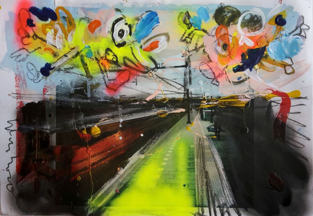 Trainstation - gemengde techniek op papier - gesigneerd - 2015 kopen? Bied vanaf 1!