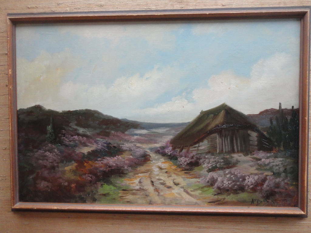 Aat van Dijk, olieverf op doek op paneel, schaapskooi in heidelandschap kopen? Bied vanaf 1!