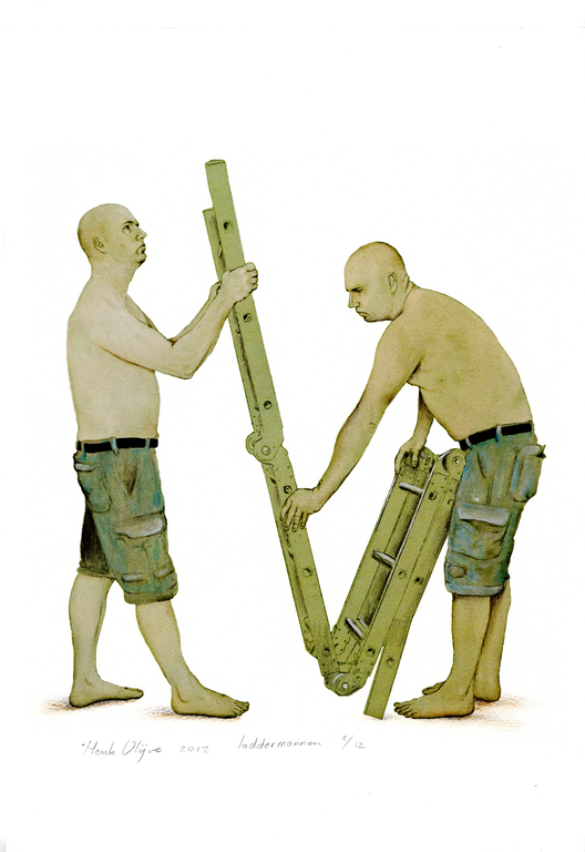 Henk Olijve, acryl, inkt en potlood op papier, Laddermannen kopen? Bied vanaf 48!