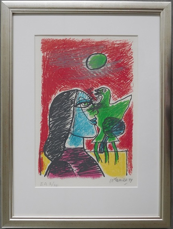 Corneille; Ingelijste Litho; Vrouw en Vogel; 1994, EA 2/30; 36 x 48 cm verkocht voor € 200!