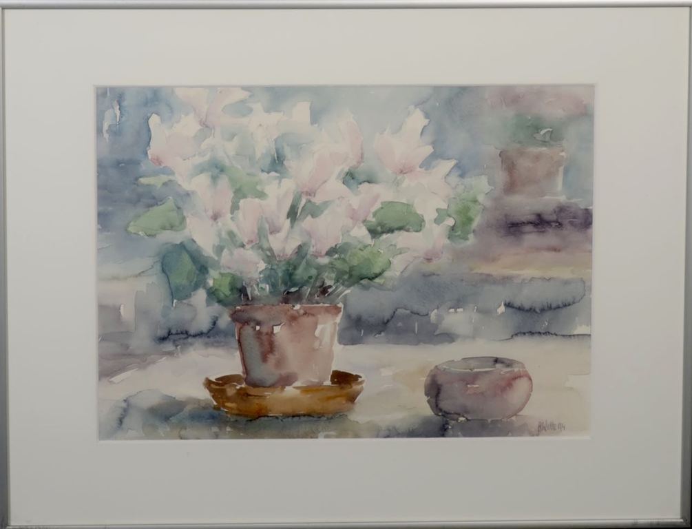 Anneke Witte: Aquarel, Roze cyclaam - Ingelijst kopen? Bied vanaf 1!