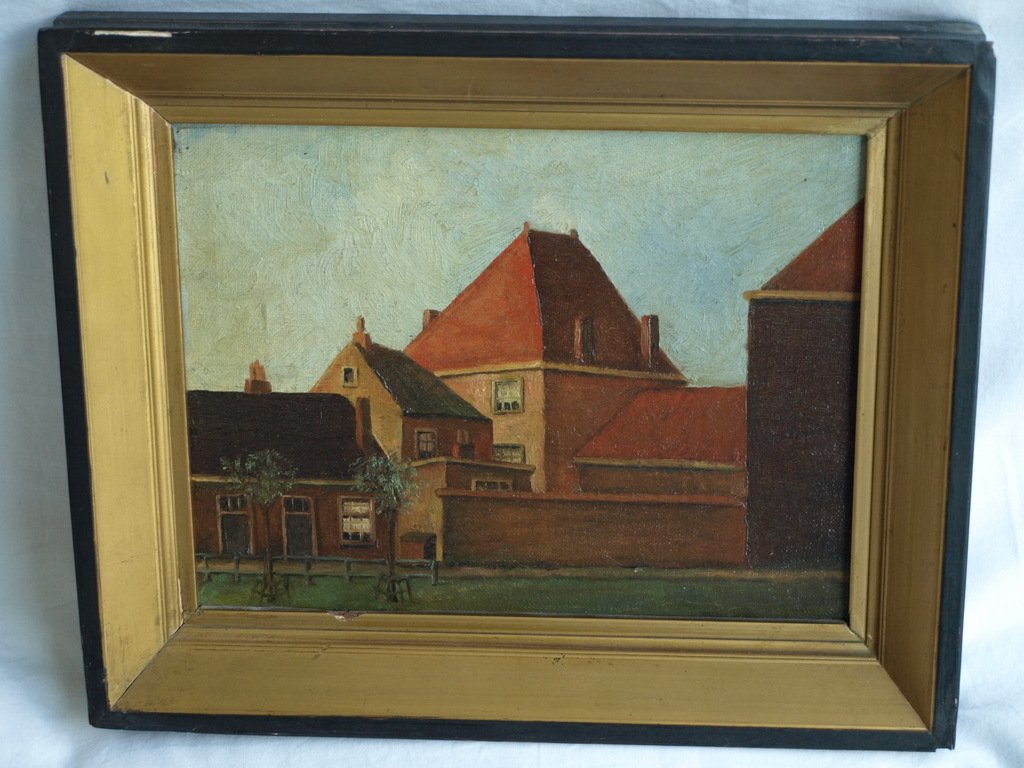 Onbekend – Olieverf op paneel , Huizen - ingelijst – Oud kopen? Bied vanaf 1!