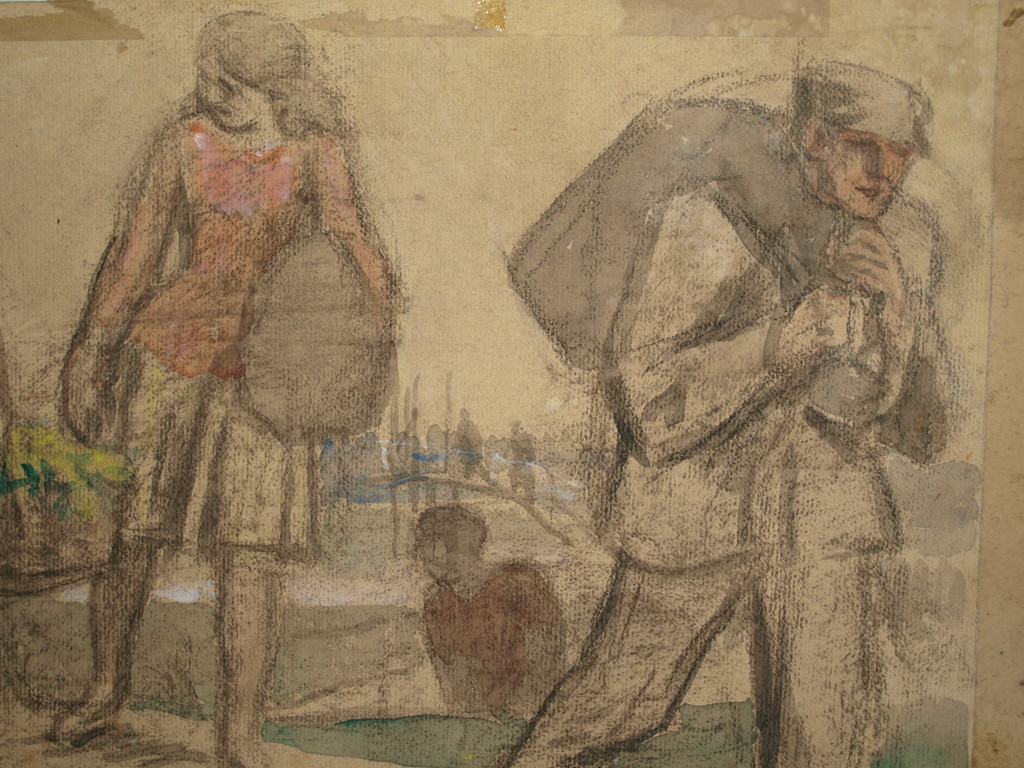 Onduidelijke signatuur: 2x Aquarel / tekening – “Paarden” en “Meisjes” - Oud kopen? Bied vanaf 1!